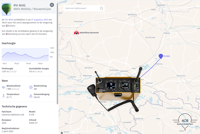 Live kaart van luchtballonradar.nl met actuele ballonvaart van 4CB Ballonvaarten, zichtbaar dankzij transponder voor extra veiligheid.